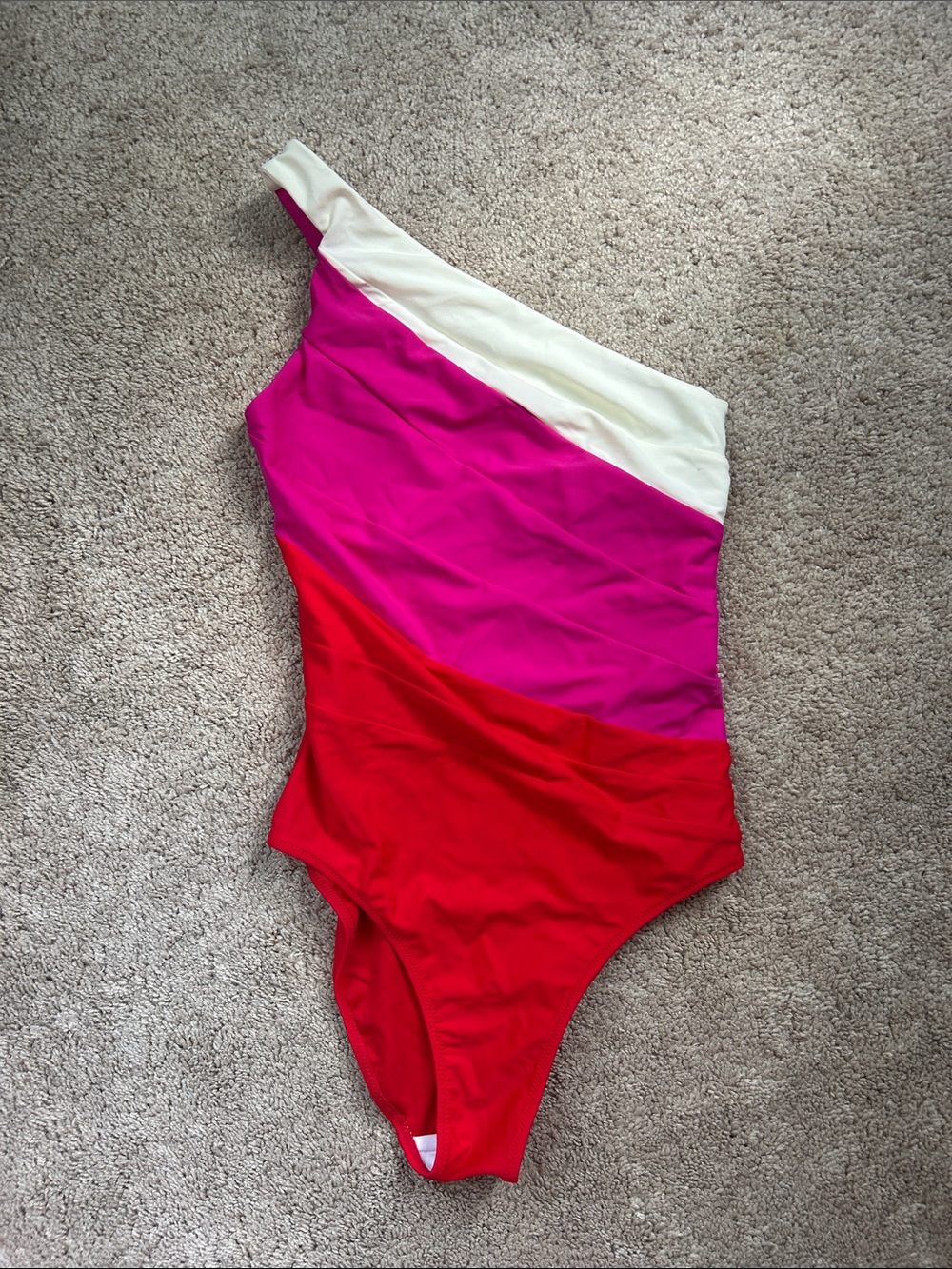 summersalt One-Shoulder Colorblock One-Piece in White, Pink & Red